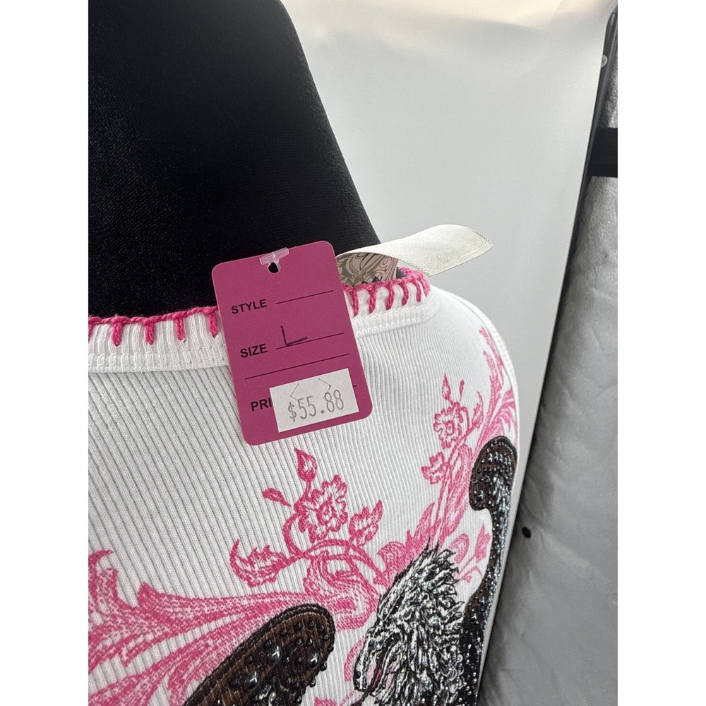 Vocal Womens Ribbed Tank Top White Pink Angel Wings Cross Rhinestone Y2K Large - Picture 7 of 8